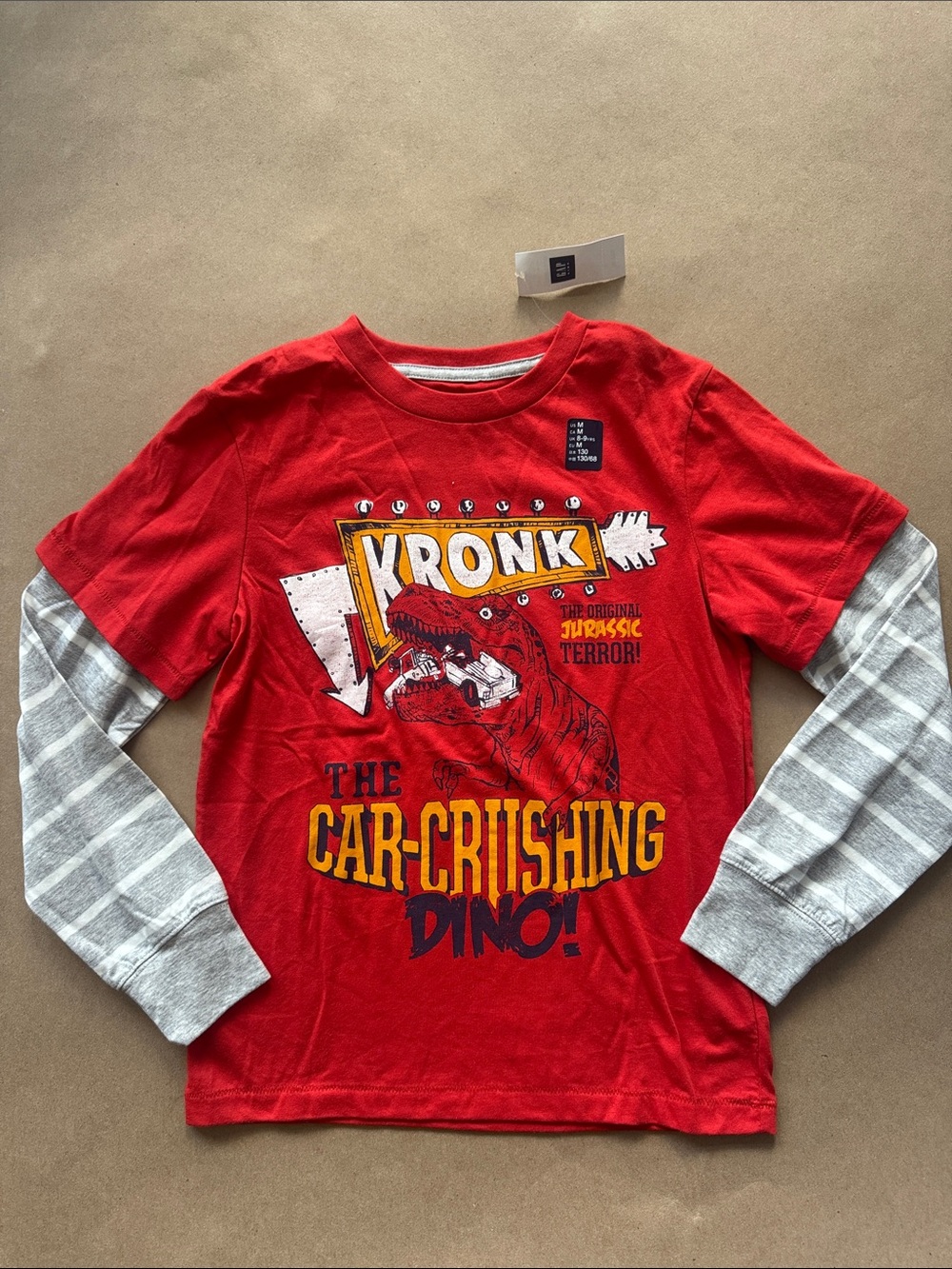 GAP Red Dino Graphic Long Sleeve Tee with Gray Layered-Look Sleeves